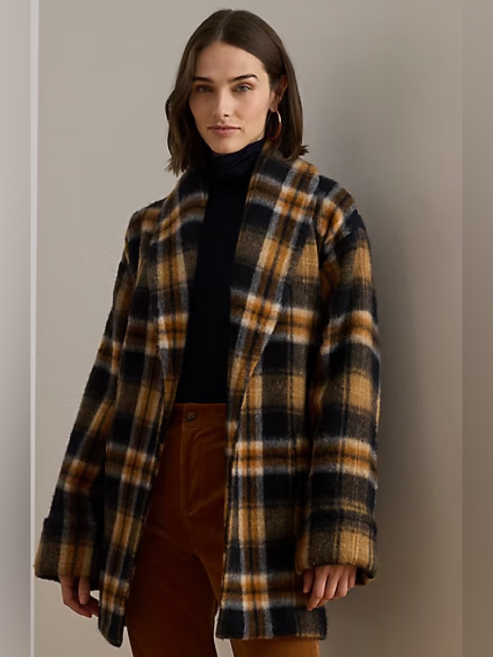 Ralph Lauren Plaid Wool-Blend Shawl-Collar Wrap Coat Size XL